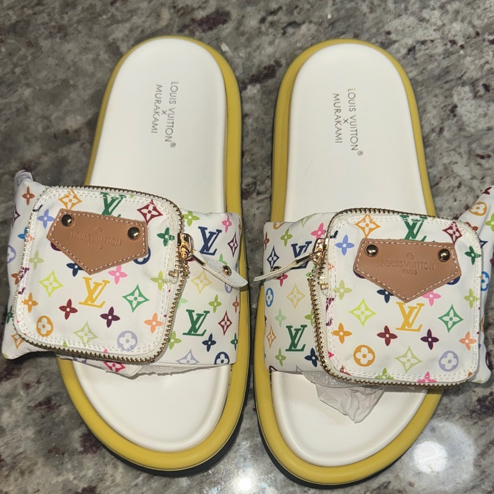Louis Vuitton Kids White and Yellow Slide Sandals